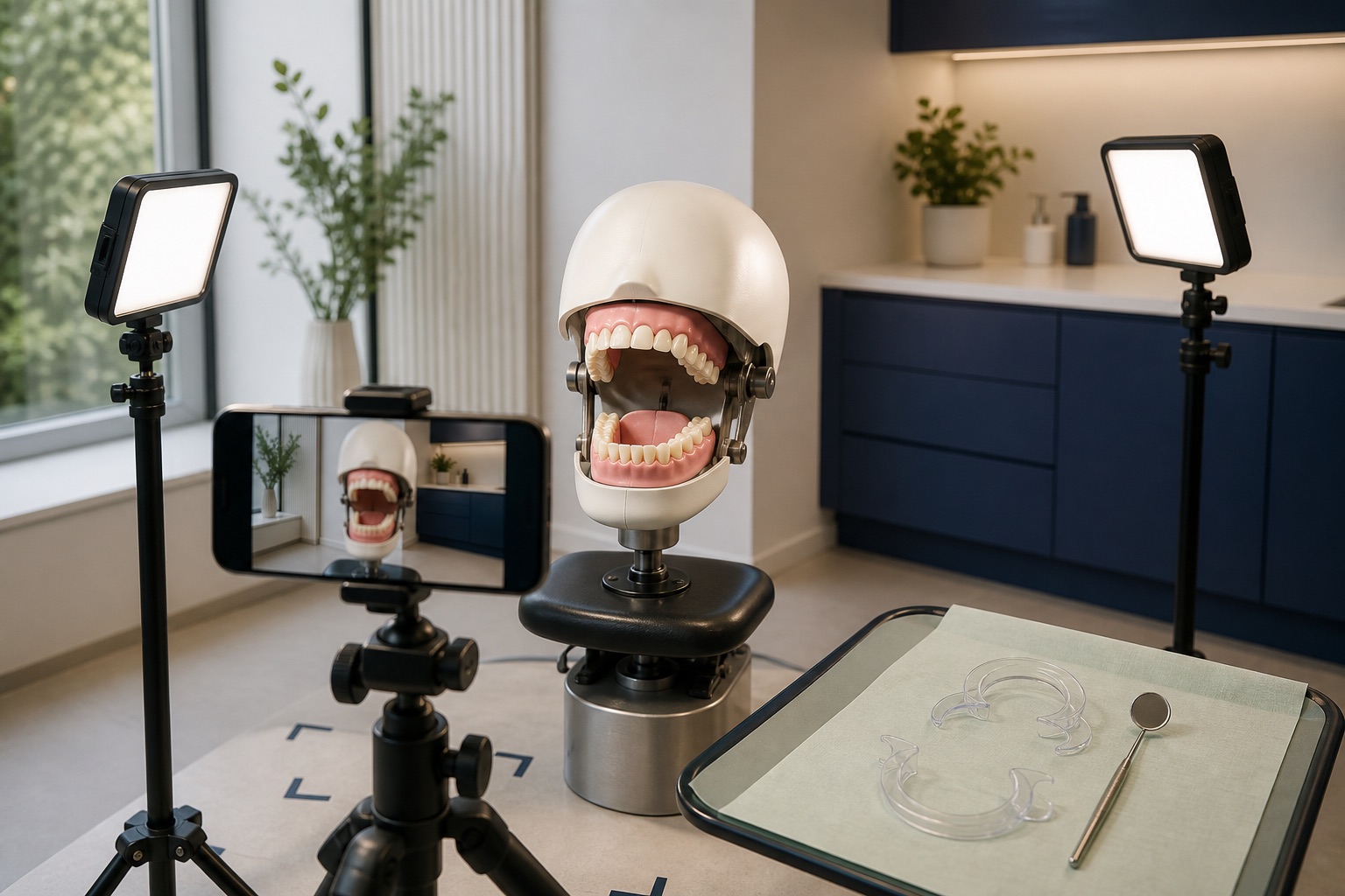 Synthetische Praxisdarstellung eines Smartphone-Aufbaus mit Trainingsmodell und zwei LED-Leuchten für dentale Fotografie