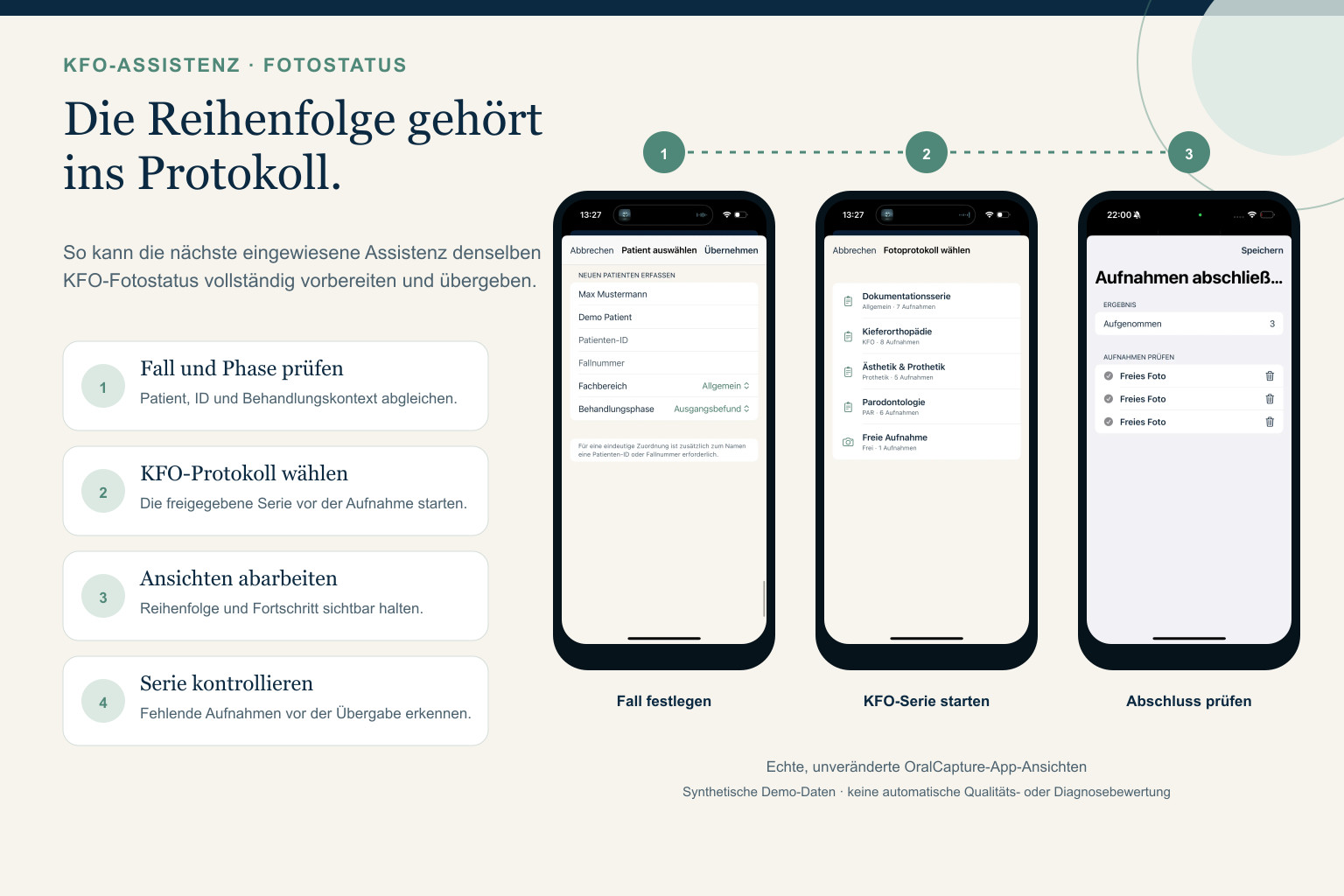 Echte OralCapture-App-Ansichten im statischen Workflow für einen delegierten KFO-Fotostatus