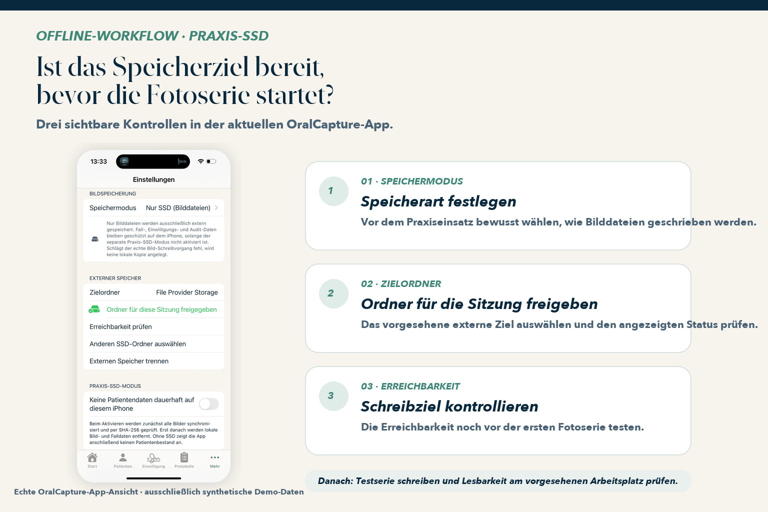 Echte OralCapture-Speicheransicht zeigt Speichermodus, Zielordner und Erreichbarkeitsprüfung für eine Praxis-SSD